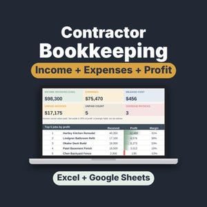 May include: A digital spreadsheet template for contractor bookkeeping displayed on a laptop screen. The interface shows financial data including income, expenses, profit, and a table of the top five jobs by profit in USD currency.