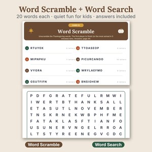 May include: A printable activity sheet featuring a Word Scramble and Word Search game. The top section includes Thanksgiving-themed scrambled words like RTUYEK and MIPNPKU. The bottom section contains a grid of letters for a word search puzzle.