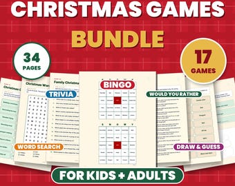 Puede incluir: Un paquete de juegos navideños con 34 páginas y 17 juegos, incluyendo bingo, trivia, sopa de letras, qué preferirías, y dibujar y adivinar. El set PDF imprimible está disponible en tamaños A4 y US letter e incluye claves de respuestas.