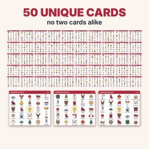 Bingo navideño imprimible, 50 tarjetas de bingo con imágenes únicas para niños, adultos y grupos grandes, juego para el aula y fiestas familiares. imagen 5