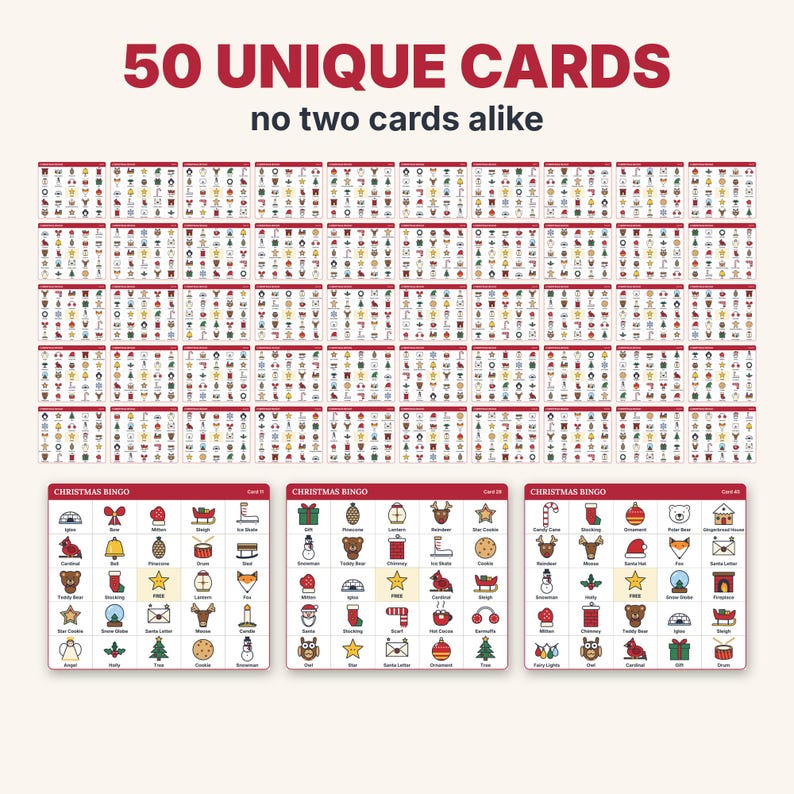 Bingo navideño imprimible, 50 tarjetas de bingo con imágenes únicas para niños, adultos y grupos grandes, juego para el aula y fiestas familiares. imagen 5