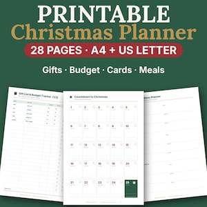 Utskrivbar PDF för julkalender, presentlista, budgetspårare och måltidsplanerare för högtider, A4 + US Letter