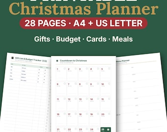 Christmas Planner Printable PDF, Gift List, Budget Tracker & Holiday Meal Planner, A4 + US Letter