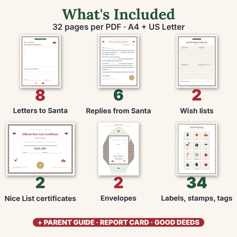 Puede incluir: Un conjunto digital imprimible de 32 p&aacute;ginas que incluye 8 cartas a Santa, 6 respuestas de Santa, 2 listas de deseos, 2 certificados de lista de buenos, 2 sobres y 34 etiquetas, sellos y tarjetas, adem&aacute;s de una gu&iacute;a para padres.