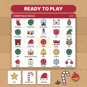 Bingo navideño imprimible, 50 tarjetas de bingo con imágenes únicas para niños, adultos y grupos grandes, juego para el aula y fiestas familiares. imagen 9