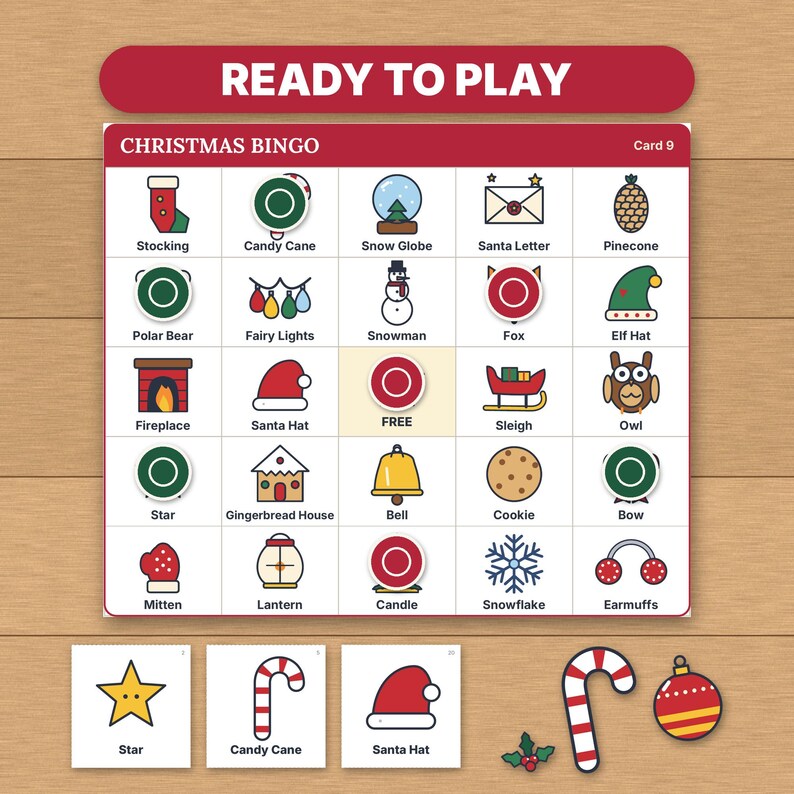 Bingo navideño imprimible, 50 tarjetas de bingo con imágenes únicas para niños, adultos y grupos grandes, juego para el aula y fiestas familiares. imagen 9