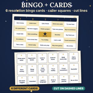 May include: A bingo game set featuring 6 resolution bingo cards and caller squares with cut lines. The cards contain text prompts like Save money, Listen more, and Try a hobby, with a central free space labeled FREE 2027.
