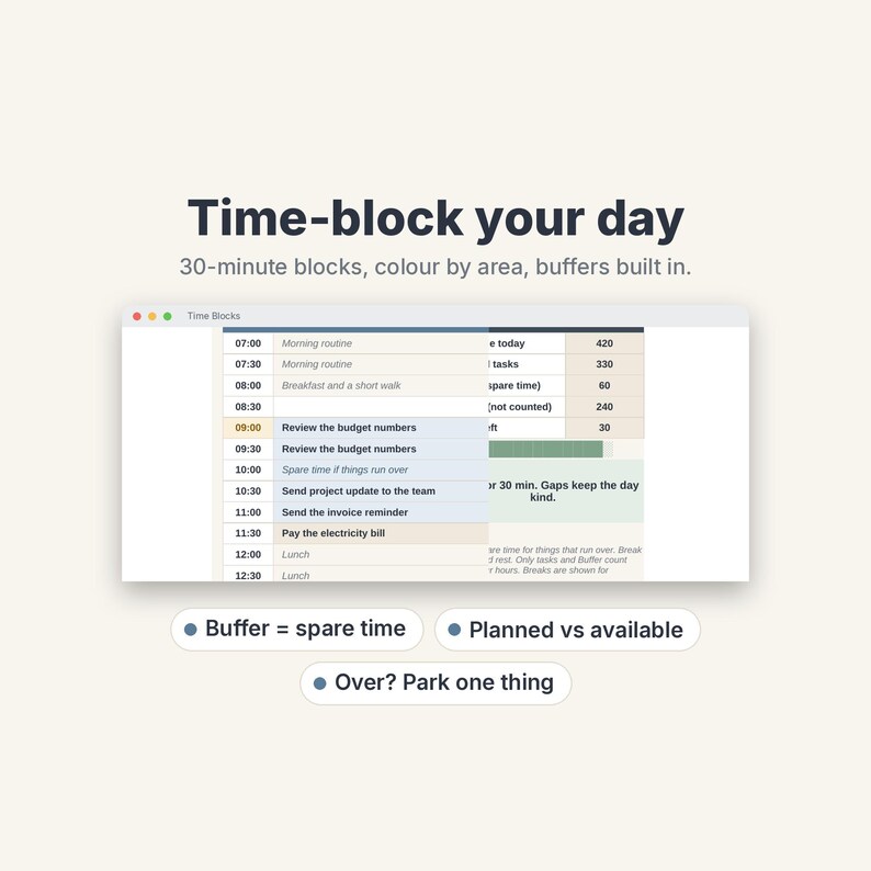 ADHD Daily Planner Spreadsheet, To-Do List with Auto Top 3 & Time Blocking image 5