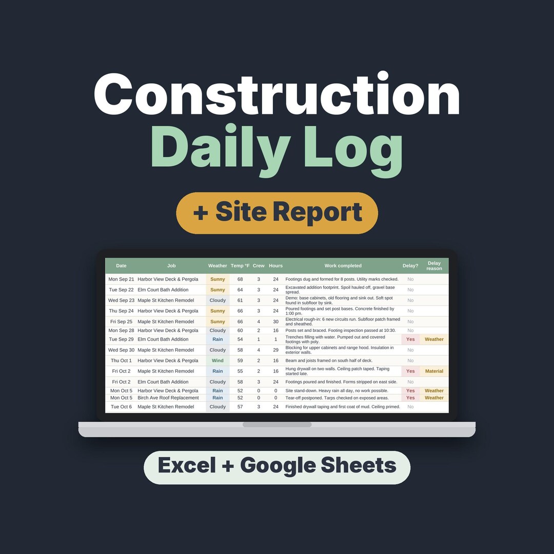 Construction Daily Log Template, Site Report & Job Diary Spreadsheet ...