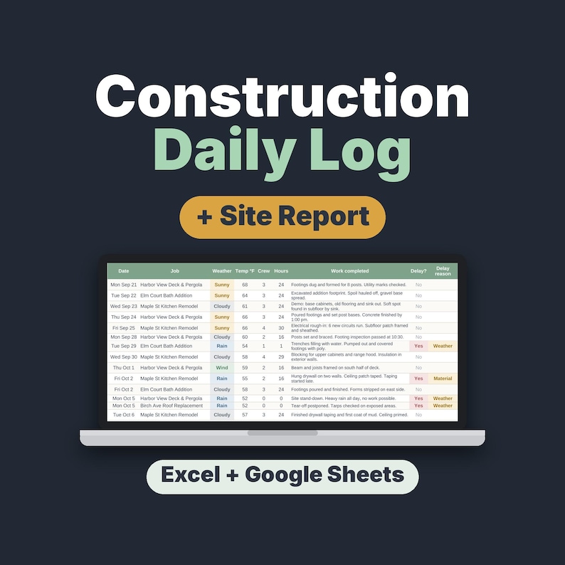 Construction Daily Log Template, Site Report & Job Diary Spreadsheet for Contractors image 1