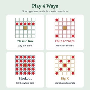 May include: A game instruction graphic titled Play 4 Ways, Short game or a whole movie marathon. It displays four 5x5 grids showing winning patterns: Classic line with 5 red dots in a row, Four corners, Blackout with all squares filled, and Big X.