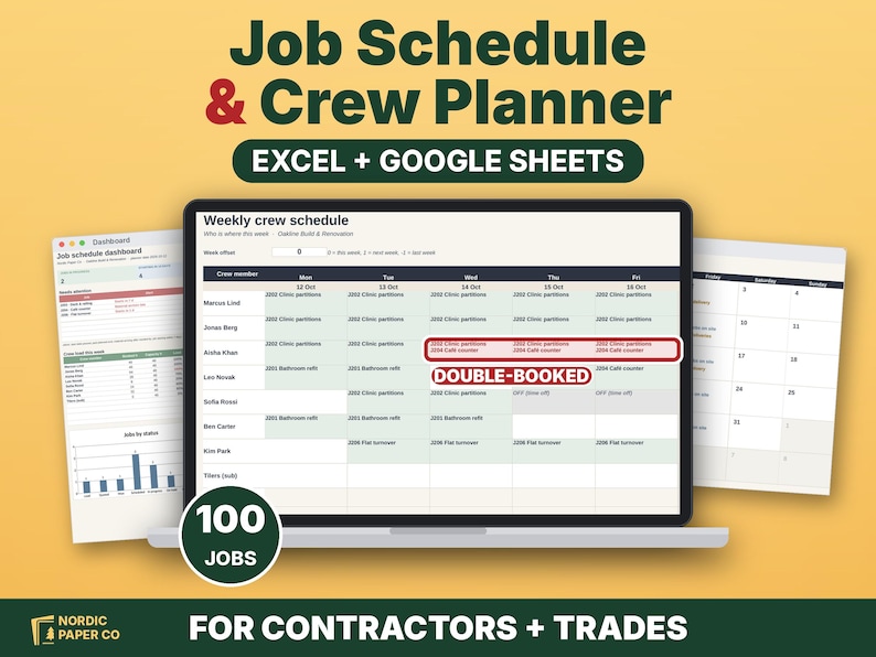 May include: A digital job schedule and crew planner template for Excel and Google Sheets displayed on a laptop screen. The interface shows a weekly crew schedule with a double-booked alert, a dashboard, and a calendar view for contractors.