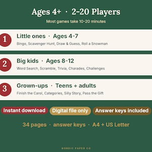 May include: A digital game collection on a dark green background with white text. It lists three age-based categories: Little ones (ages 4-7), Big kids (ages 8-12), and Grown-ups (teens and adults). Includes 34 pages, answer keys, and A4/US Letter sizes.