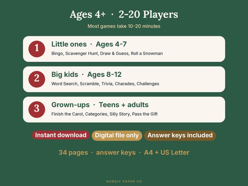 May include: A digital game collection on a dark green background with white text. It lists three age-based categories: Little ones (ages 4-7), Big kids (ages 8-12), and Grown-ups (teens and adults). Includes 34 pages, answer keys, and A4/US Letter sizes.