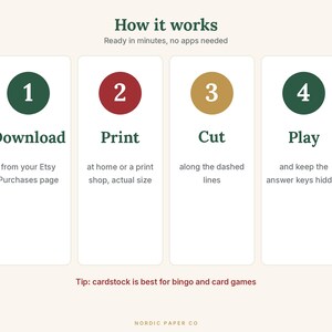 Pode incluir: Um gr&aacute;fico instrutivo intitulado How it works, Ready in minutes, no apps needed. Quatro passos numerados: 1 Download from your Etsy Purchases page, 2 Print at home or a print shop, actual size, 3 Cut along the dashed lines, 4 Play and keep the answer keys hidden. Tip: cardstock is best for bingo and card games. Nordic Paper Co.