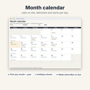 May include: A digital month calendar interface for October 2026, displaying daily job site counts, deliveries, and start dates. The layout includes headers for days of the week, a month and year selector, and notes stating: Pick any month + year, Holidays shown, Week starts Mon or Sun.