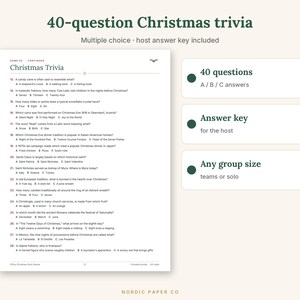 Pode incluir: Uma folha de jogo de trivia de Natal imprim&iacute;vel com 40 perguntas e respostas de m&uacute;ltipla escolha A, B e C. O documento inclui um gabarito para o anfitri&atilde;o e &eacute; projetado para qualquer tamanho de grupo com perguntas sobre tradi&ccedil;&otilde;es festivas.