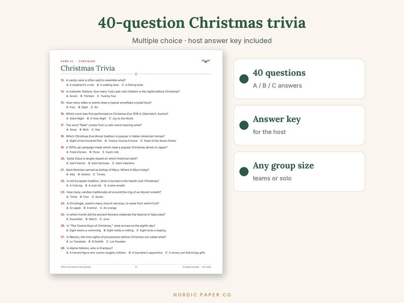 Pode incluir: Uma folha de jogo de trivia de Natal imprim&iacute;vel com 40 perguntas e respostas de m&uacute;ltipla escolha A, B e C. O documento inclui um gabarito para o anfitri&atilde;o e &eacute; projetado para qualquer tamanho de grupo com perguntas sobre tradi&ccedil;&otilde;es festivas.