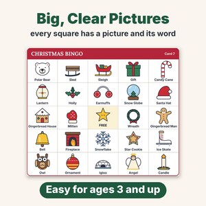 Bingo navideño imprimible, 50 tarjetas de bingo con imágenes únicas para niños, adultos y grupos grandes, juego para el aula y fiestas familiares. imagen 3