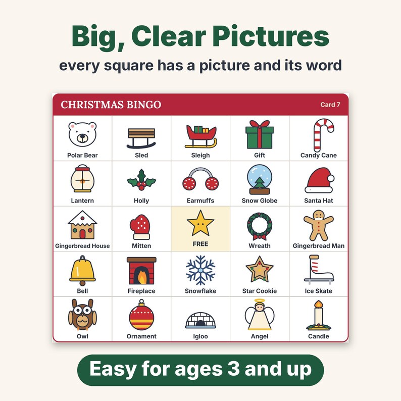 Bingo navideño imprimible, 50 tarjetas de bingo con imágenes únicas para niños, adultos y grupos grandes, juego para el aula y fiestas familiares. imagen 3