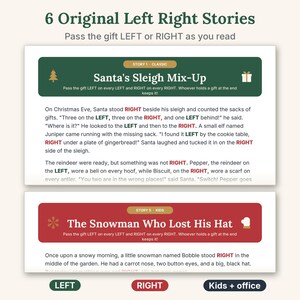 May include: A digital document titled 6 Original Left Right Stories featuring two Christmas-themed narratives. The first, Santa's Sleigh Mix-Up, is in a green box, and the second, The Snowman Who Lost His Hat, is in a red box. Both include instructions to pass gifts left or right.