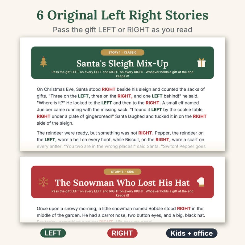 May include: A digital document titled 6 Original Left Right Stories featuring two Christmas-themed narratives. The first, Santa's Sleigh Mix-Up, is in a green box, and the second, The Snowman Who Lost His Hat, is in a red box. Both include instructions to pass gifts left or right.