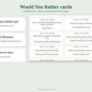 Pode incluir: Um conjunto de cart&otilde;es Would You Rather com 30 dilemas sobre o tema de Natal. Os cart&otilde;es est&atilde;o dispostos numa grelha com linhas de corte tracejadas. O texto inclui perguntas como Have your desk decorated by the most festive coworker.