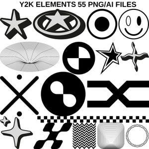 Peut inclure: Une collection d'éléments de design graphique noir et blanc, comprenant des étoiles, des cercles, un smiley, un motif à carreaux, un tourbillon, une croix et un hashtag. Ces éléments sont parfaits pour créer des designs d'inspiration rétro.