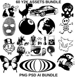 Op de afbeelding: Een verzameling van 60 Y2K-assets in zwart-wit, waaronder een dinosaurus, een auto, een schedel, een globe, een schaakstuk, een cartoonfiguur, een vlinder en een cirkel met strepen. De tekst "PNG PSD AI BUNDLE" staat onderaan de afbeelding.