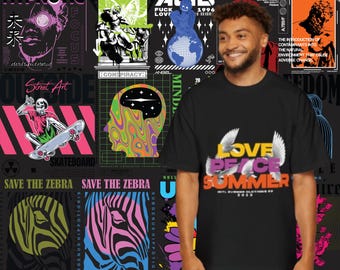 May include: A collection of graphic designs featuring a variety of themes, including street art, zebra stripes, and psychedelic patterns. The designs are in a variety of colours, including black, white, red, green, blue, and yellow. The designs are perfect for use on t-shirts, posters, and other merchandise.