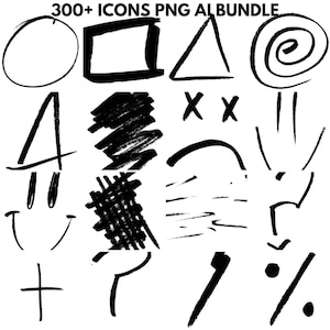 Könnte beinhalten: Eine Sammlung von über 300 handgezeichneten Schwarzweiß-Icons im PNG- und AI-Format. Die Icons umfassen Grundformen, Linien und Symbole.