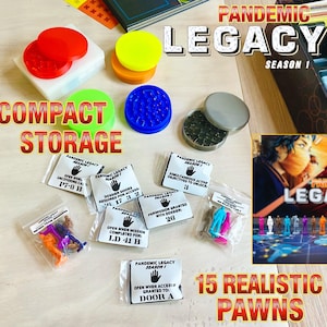 Może przedstawiać: Konfiguracja gry planszowej z tekstem "Pandemic Legacy Season 1". Obraz przedstawia różne elementy gry, w tym kolorowe żetony, małe woreczki i 15 realistycznych pionków. Widoczne są również słowa "Compact Storage".