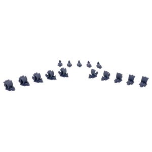 May include: A collection of 18 miniature grey ships with sails, arranged in a semi-circle formation. The ships are made of plastic and are approximately 1 inch in length.