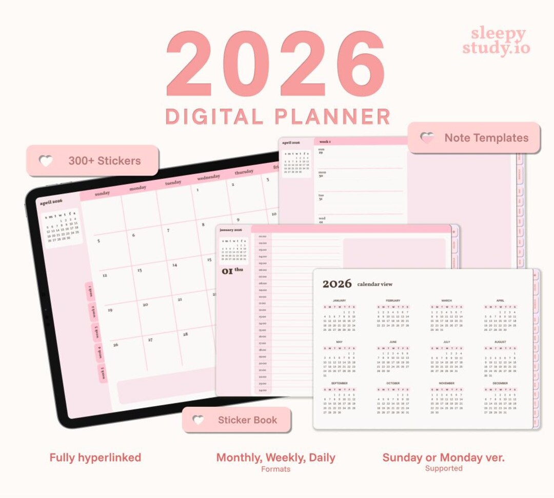 2026 Pink Digital Planner for Goodnotes, iPad (hyperlinked) - Etsy