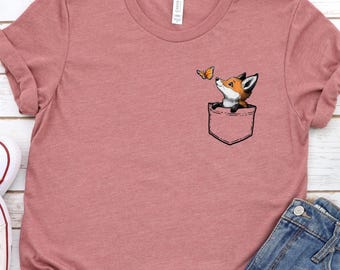 Red fox shirt, Pocket Tshirt, Cute Fox Art Shirt, Woodland creature, Gift for Fox Lover Forest, Animal Lover Shirt for Women Butterfly Shirt
