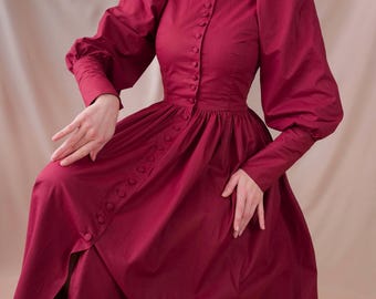 Victorian Red Cotton Dress Puffy Sleeves, Corset Back high neck dress buttons down Edwardian dress red