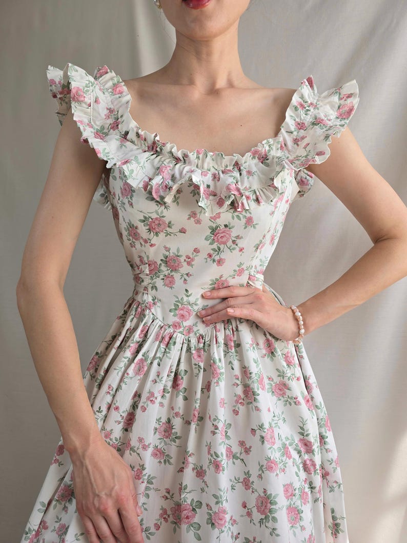 Prairie dress floral Victorian gown off shoulders roses dress long sundress pink floral princess dress cottagecore medieval dress image 5
