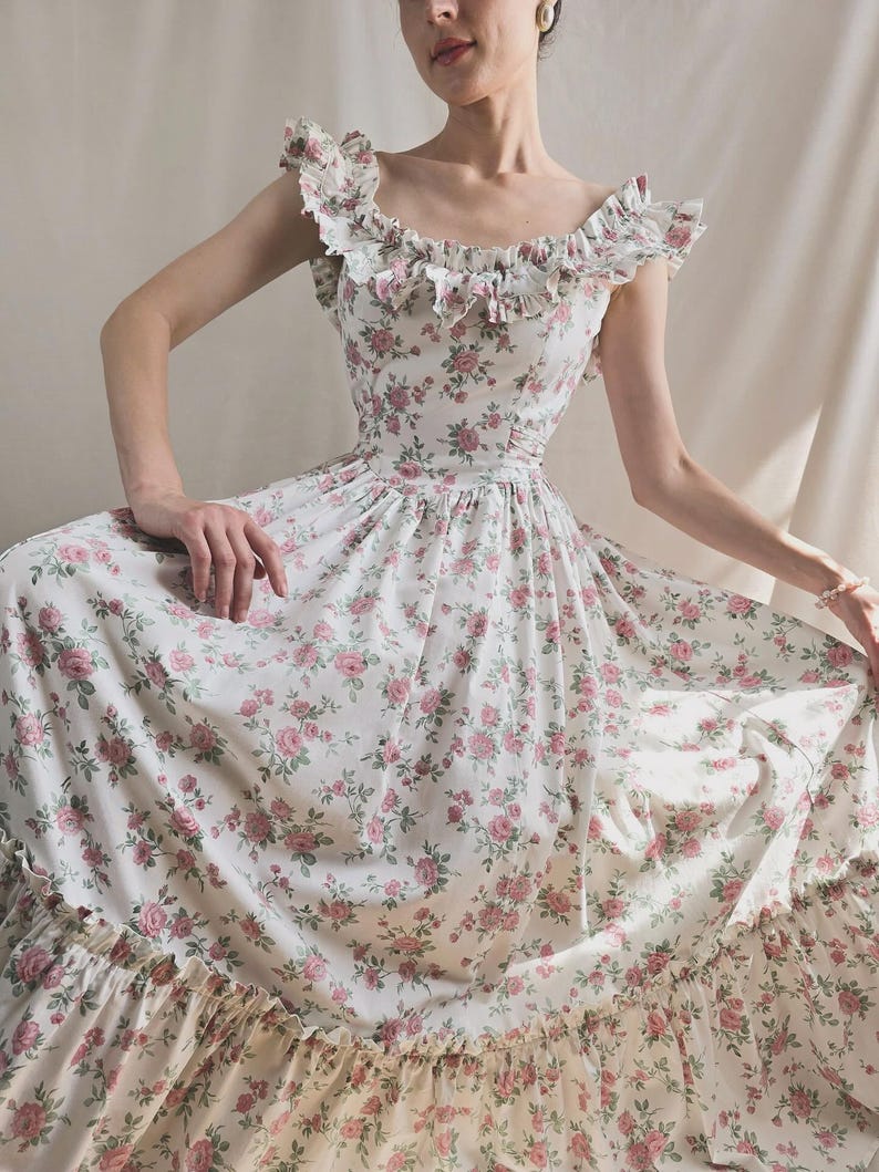 Prairie dress floral Victorian gown off shoulders roses dress long sundress pink floral princess dress cottagecore medieval dress image 8