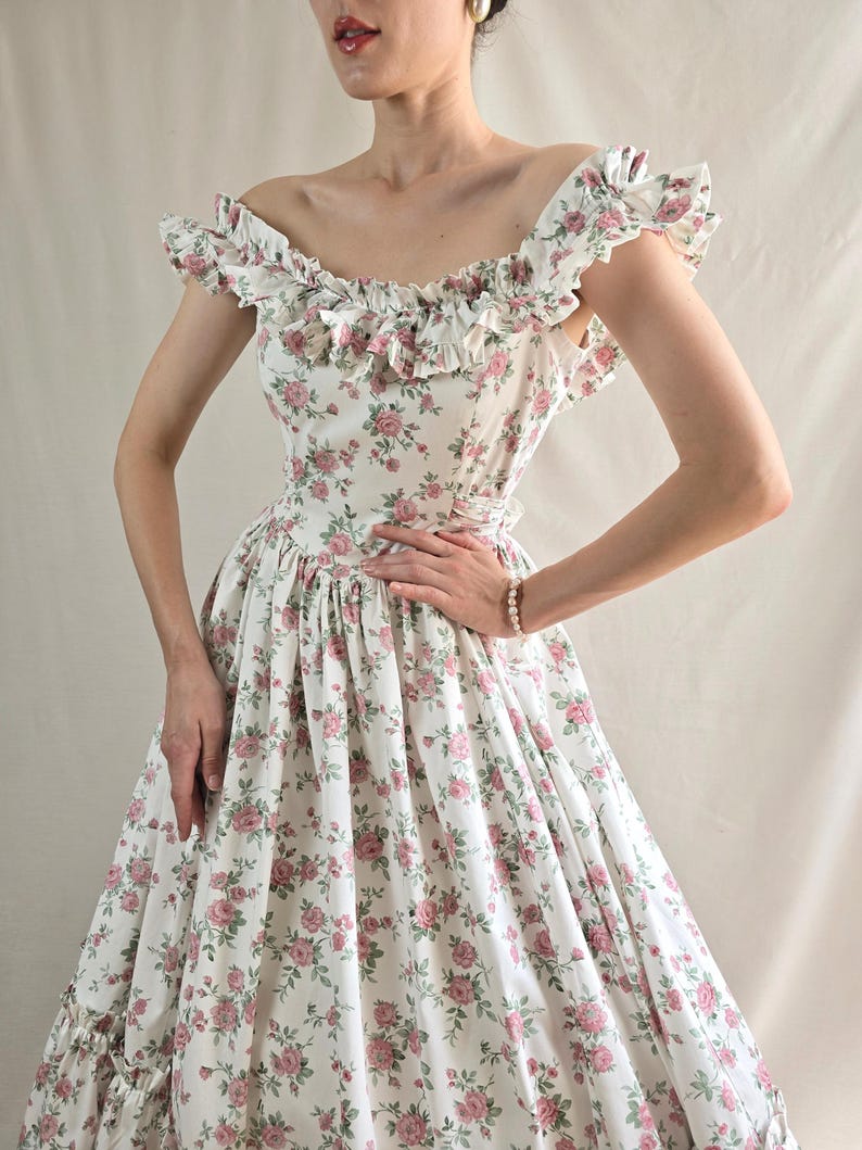 Prairie dress floral Victorian gown off shoulders roses dress long sundress pink floral princess dress cottagecore medieval dress image 10
