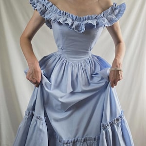 Ballgown dress blue Victorian dress prairie Edwardian dress off shoulders pastel blue 1900s