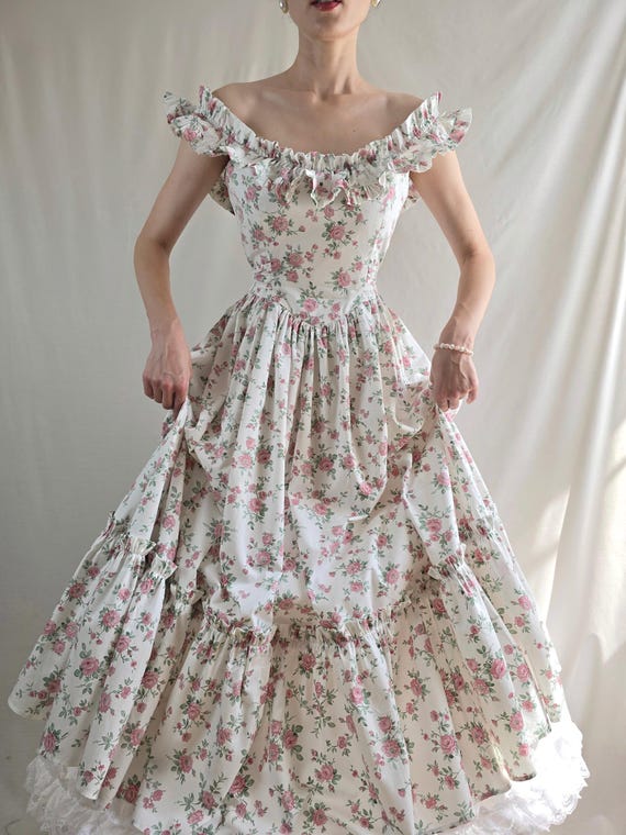 Prairie Dress Floral Victorian Dress Off Shoulders Roses Dress Long Sundress Pink Floral Princess Dress Cottagecore Medieval Dress