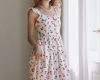 Vestido largo de algodón con estampado de cerezas para verano, vestido blanco con fresas, vestido con estampado de frutas hasta el tobillo, vestido estilo cottage core, vestido vintage blanco.