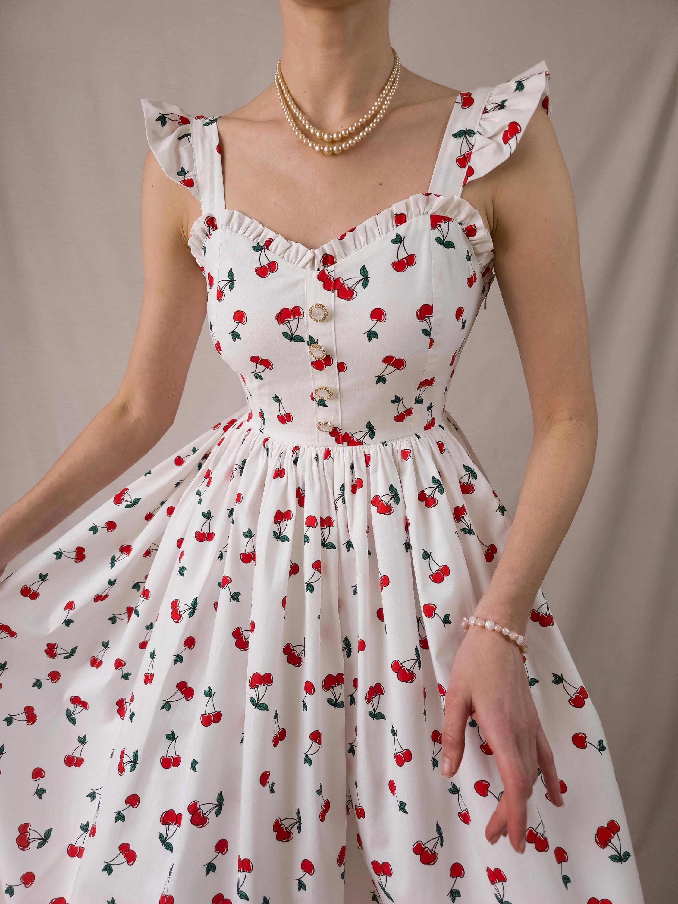 maxi dress cherry print summer cotton dress White strawberry dress ankle fruit print dress cottage core dress vintage style dress White