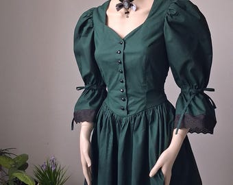 Viktorianischen Kleid emerald grün schwarze Spitze Edwardian Kleid Puffärmel V Linie Taille Vintage Kleid lang Grün Gothic Cottage Kern