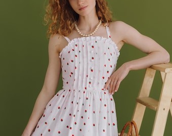 retro style strawberry dress white midi cottage core dress strap 90s style dress cotton vintage dress midi romantic dress