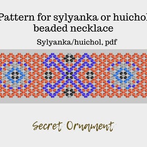 May include: A colorful beaded necklace pattern with a geometric design. The pattern features red, blue, black, and white beads. The text "Sylvanka/huichol, pdf" is at the top of the image.