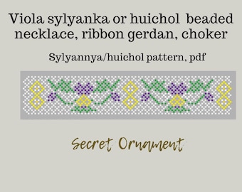 Wzór kwiatów fiołków na naszyjnik sylyanka lub huichol z koralików Preciosa 10/0
