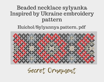 Patrón de abalorios para collar sylyanka negro rojo gris geométrico inspirado en el bordado ucraniano vyshyvanka, para cuentas de semillas Preciosa 10/0