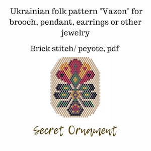 May include: A colorful beading pattern for jewelry, called "Vazon", in a brick stitch or peyote style. The pattern features a flower design with red, yellow, green, and blue beads on a white background. The pattern is available as a PDF download.