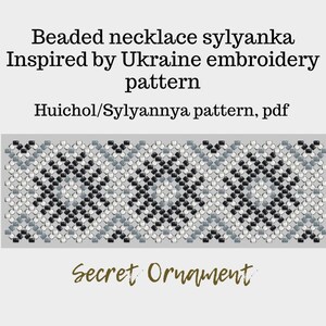 May include: A black and white beaded necklace pattern inspired by Ukrainian embroidery. The pattern is called "Huichol/Sylyannya" and is available as a PDF download. The text "Secret Ornament" is also visible in the image.